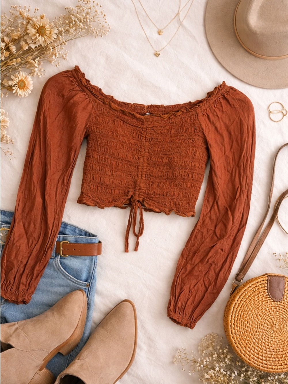 Japna Rust Smocked Off Shoulder Crop Top Boho Peasant Small